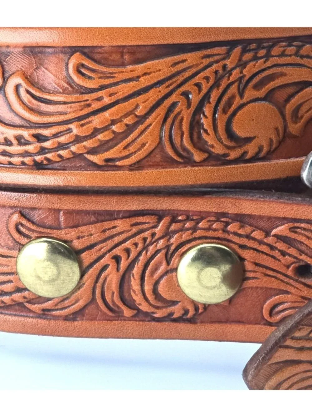Genuine Tooled Leather Western Belt Engraved Silver Tone Buckle Scroll 42